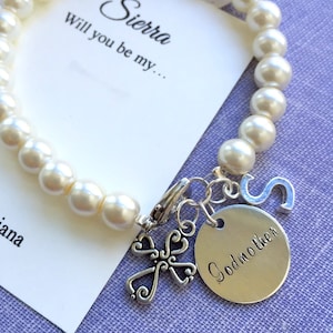 Godmother, cross, glass pearl, handstamped charm, bracelet. FREE Notecard & organza bag. image 1