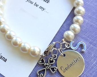 Godmother, cross, glass pearl, handstamped charm, bracelet. FREE Notecard & organza bag.