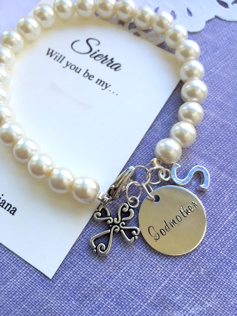 Godmother, cross, glass pearl, handstamped charm, bracelet. FREE Notecard & organza bag. image 1