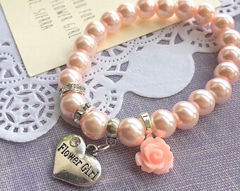 Small blush pink rose Flower girl bracelet, flower girl jewelry, glass pearl bracelet. Comes with FREE personalized card and organza bag.