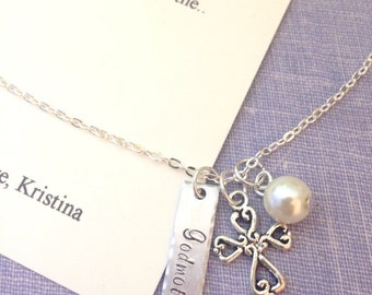 Godmother, ask, cross, handstamped Necklace. FREE Notecard Jewelry Box.