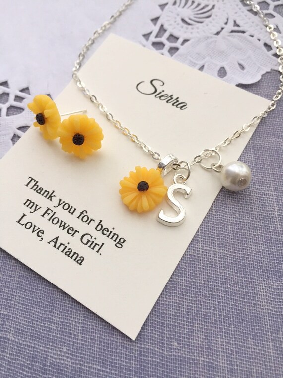 Sunflower, sun flower, personalized, flower girl, flowergirl, pearl, necklace, matching earring. Free personalized card, JEWELRY BOX. Il_570xn