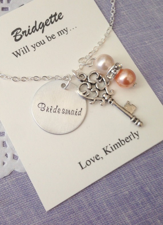Skeleton Key, ask Bridesmaid, Flower girl, Handstamped charm necklace. Other Color Pearl Available. FREE Notecard Jewelry Box. Il_570xn