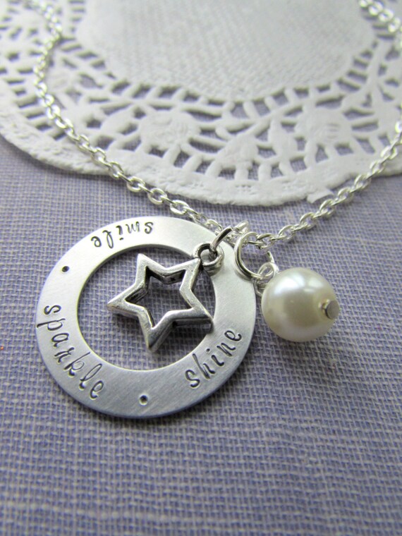 Smile. Sparkle. Shine. Star, washer, handstamped necklace. Graduation, motivational, encouragement jewelry. Il_570xn