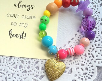 Gold Locket bracelet, kids locket, heart locket, locket jewelry, rainbow bracelet, rainbow jewelry, kids birthday gift.