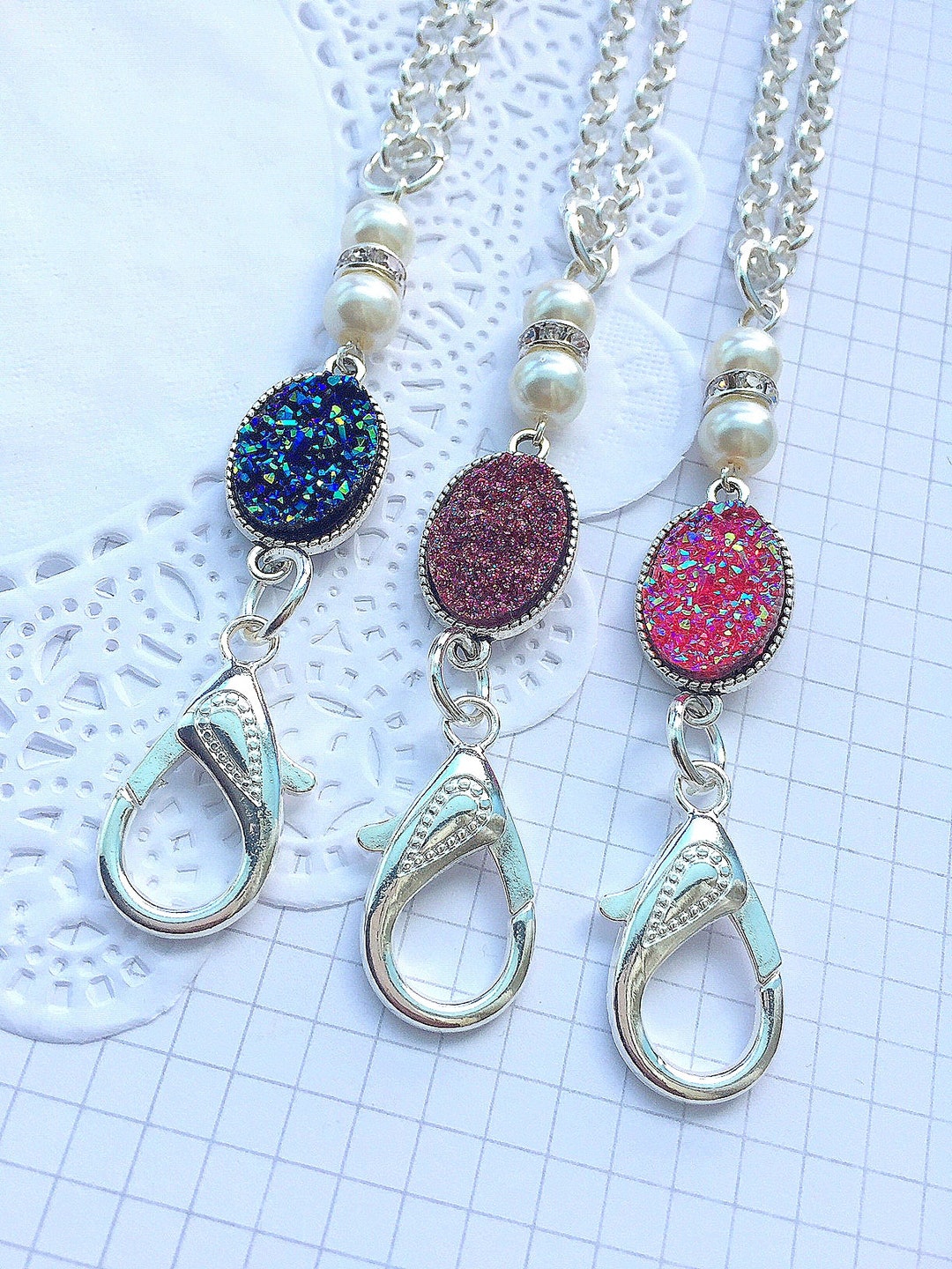 Resin Druzy Lanyard, Badge Holder, Lanyard Chain, Id Card Necklace, Id Card Chain, Name Badge