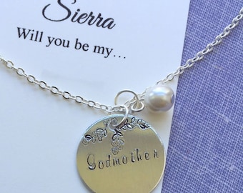 Godmother, ask, handstamped, design, Necklace. FREE Notecard and Jewelry Box.