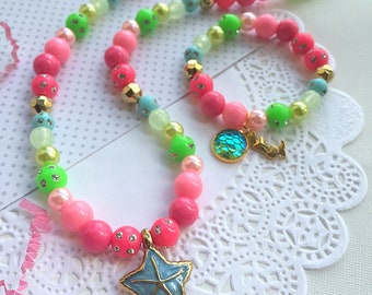 Mermaid necklace bracelet set, kids beaded set, jewelry set, childrens jewelry, starfish bracelet, mermaid scale jewelry, kids birthday.