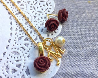 Wine red Rose necklace, initial necklace, matching earring set, comes with jewelry box.