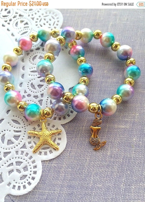 End of Year SALE Gold Mermaid bracelet, starfish bracelet, SET of SEVEN, mermaid kids party, kids birthday party, mermaid jewellery, loot ba Il_570xn