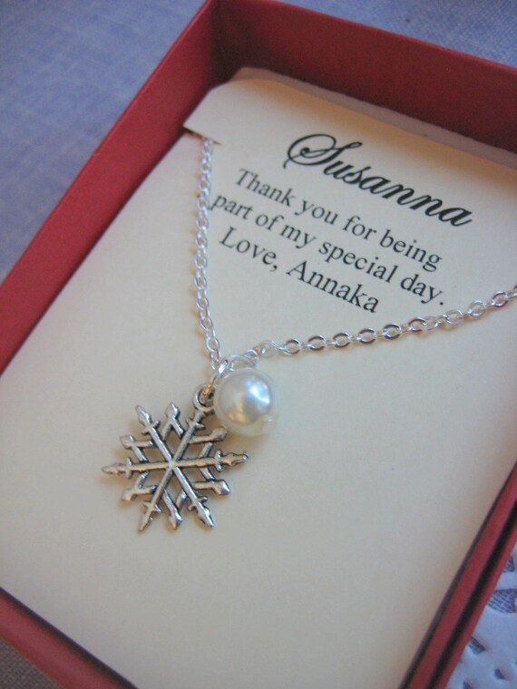 Snowflake, Winter wedding, Ask Bridesmaids Bridal Wedding Gift. Other Color Pearl Available. FREE Notecard Jewelry Box. Il_570xn