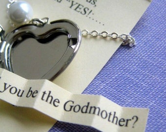 Ask Godmother, locket necklace, secret announcement. FREE personalized notecard, jewelry box.