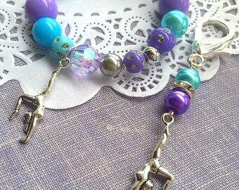 Gymnastics bracelet set, gymnastics keychain, gymnast gift set, kids jewelry, purple, blue, backpack clip, beaded bracelet.