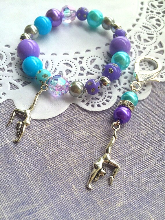 Gymnastics bracelet set, gymnastics keychain, gymnast gift set, kids jewelry, purple, blue, backpack clip, beaded bracelet. Il_570xn