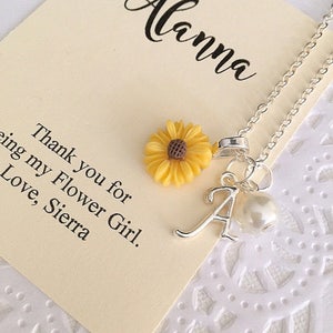 Sunflower flower girl necklace, initial, child necklace, personalized, comes with personalized card and ORGANZA bag.