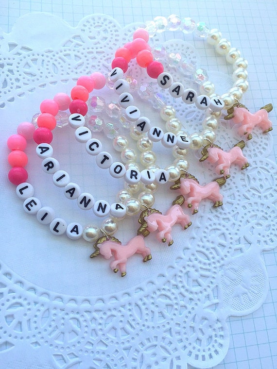 Pink Unicorn bracelet, Unicorn jewelry, name bracelet, name jewelry, rainbow bracelet, rainbow jewelry, birthday favor, birthday bracelet. Il_570xn