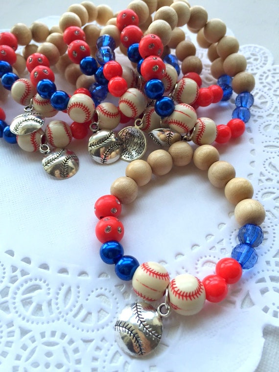 SUMMER SALE, set of TEN, Baseball jewelry, baseball bracelet, beaded kids bracelet, kids jewelry, Blue Jays inspired, play ball, tball. Il_570xn