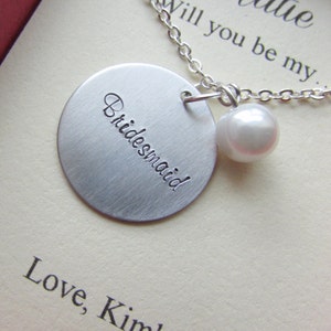 Ask Bridesmaid, Bridal Party Gift, Handstamped necklace. Other Color Pearl Available. FREE Notecard Jewelry Box. image 1