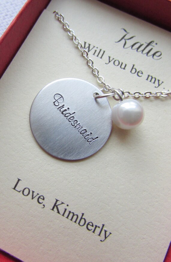 Ask Bridesmaid, Bridal Party Gift, Handstamped necklace. Other Color Pearl Available. FREE Notecard Jewelry Box. Il_570xn