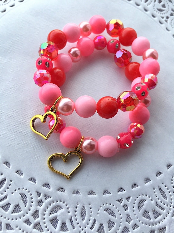Gold heart bracelets, Valentines Day bracelets, heart jewelry, heart kids birthday party, beaded bracelet, kids jewelry. SET of TEN. Il_570xn