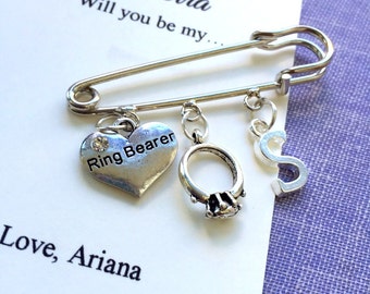 Ring bearer, ringbearer, safety pin, ring, charm pin, initial, personalized, FREE card.