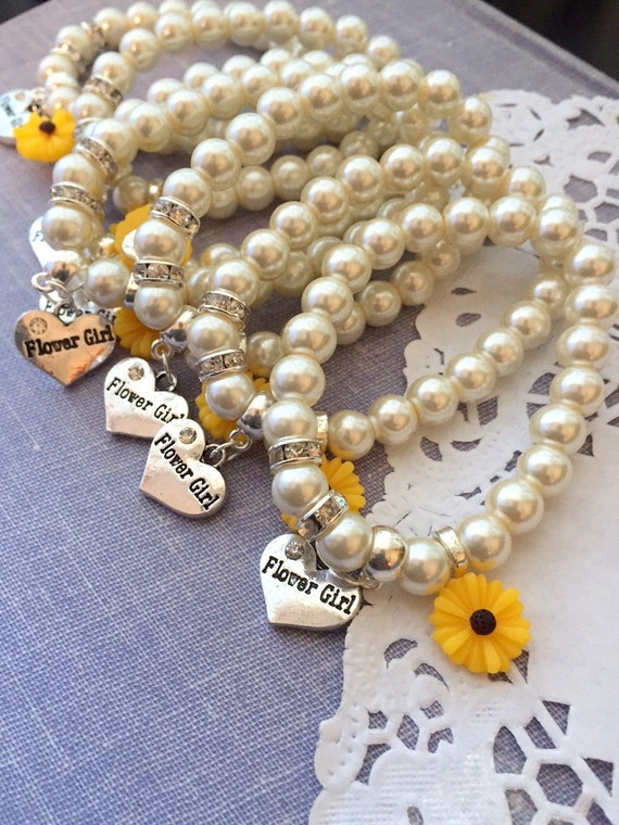 Sunflower, sun flower, stretchy, flower girl, flowergirl, pearl, bracelet. CHILD sized. Il_570xn