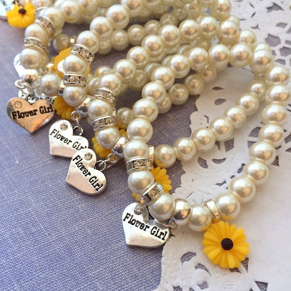 Sunflower, sun flower, stretchy, flower girl, flowergirl, pearl, bracelet. CHILD sized.