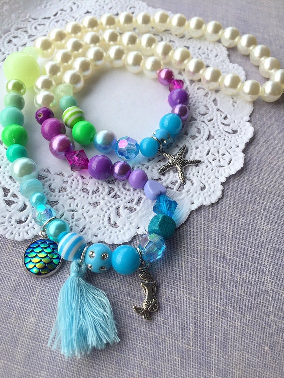 Mermaid inspired necklace bracelet set, kids jewelry, kids jewellery, childrens jewelry set, birthday gift, dress up, stocking stuffer. Il_570xn