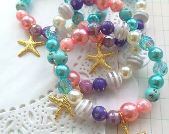 Starfish bracelet, mermaid birthday party, kids birthday party, ombre bracelet, starfish jewelry, mermaid jewelry, SET of TEN.