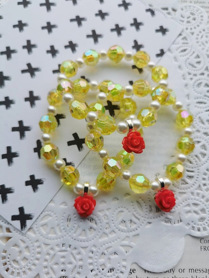 Kids bracelets, Beauty and the beast inspired, Kids birthday party favor, red rose bracelet, beaded bracelet, childrens bracelet. Set of 10. image 1