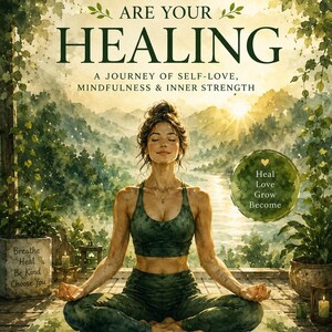 May include: A book cover titled YOU ARE YOUR HEALING A JOURNEY OF SELF-LOVE, MINDFULNESS & INNER STRENGTH. It features a person meditating in green activewear on a mat, surrounded by plants, with text reading Heal Love Grow Become and Breathe Heal Be Kind Choose You.