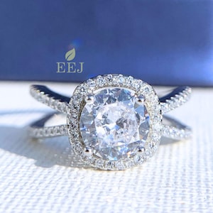 Two Piece Halo Wedding Engagement Bridal Ring | Art Deco Ring Ring | 925 Sterling Silver Round Simulated Diamond Ring | Anniversary Gift