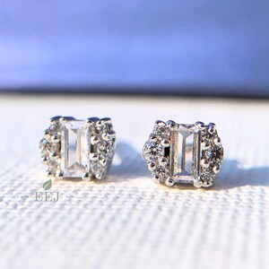 14kt Solid Gold Baguette and Round Diamond Earrings | Tiny Earrings Pair |  Cluster Earrings | Sterling Silver Dainty Minimal Earrings