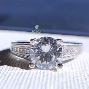 Round Cut Moissanite Art Deco Engagement Ring | 14K White Gold Solitaire With Accent Ring | Round Halo Ring | Simulated Diamond Promise Ring