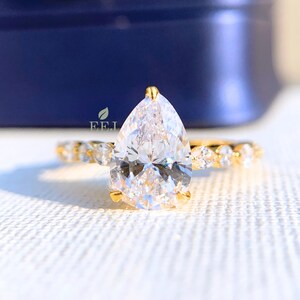 14k Yellow Gold Pear Cut with Marquise and Round Shape Side Diamonds 2.25 Carat Pear Cut Lab Created Side Stone Diamond Engagement Ring