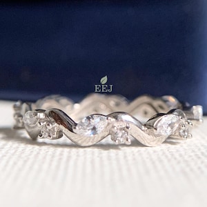14K Gold Eternity Band | Marquise and Round Moissanite Wedding Band |  Dainty Stackable Ring | Lab Diamond Band | Bridal Anniversary Band