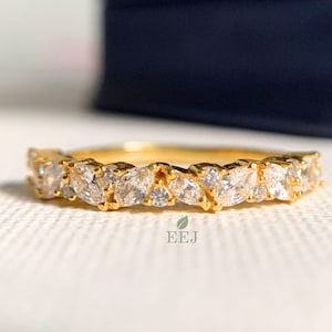 14K Eternity Band | Alternating Marquise and Round Moissanite Wedding Band | Slanted Marquise Dainty Stackable Ring |Bridal Anniversary Band