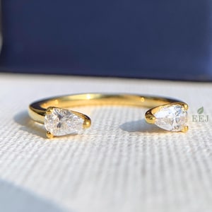 Pear Shape Lab Grown Diamond Cuff Engagement Ring | Two Stone Diamond Ring | Pear Cut Two Stone Open Ring | Art deco Diamond Ring