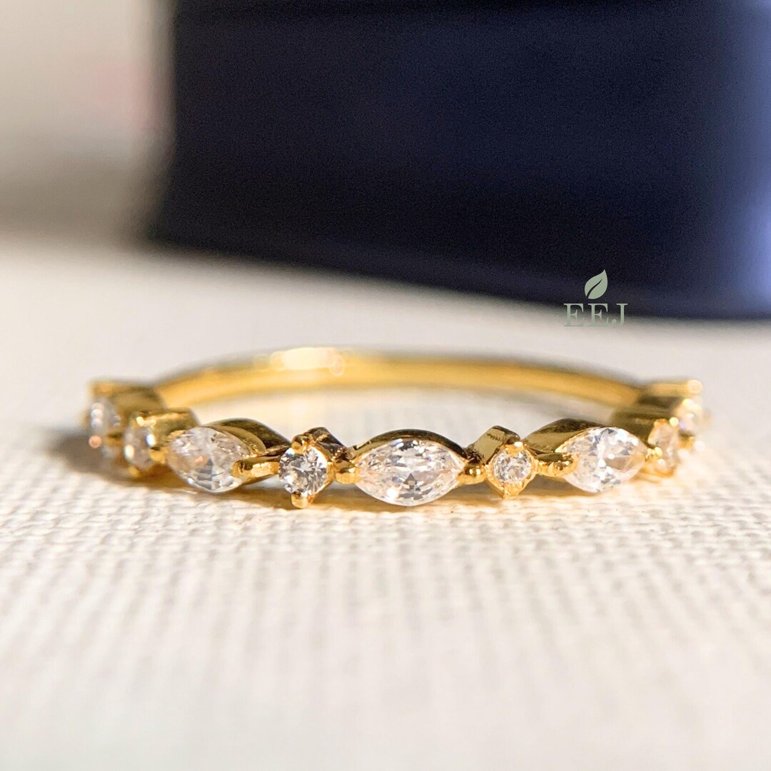14k Gold Marquise Moissanite Wedding Band: Half Eternity Anniversary ...