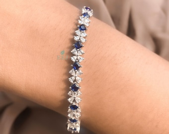 サファイア＆ダイヤモンドブレスレット シルバー925、ベゼルCZテニス