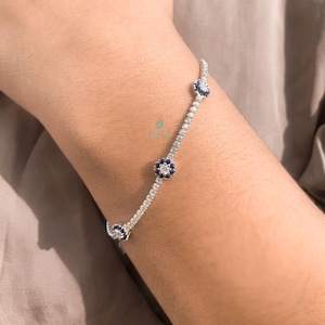 14K White Gold Tennis Bracelet | Round Cut CZ Diamond 925 Sterling Silver Tennis Bracelet | Dainty Silver Bracelet for Men Women | Gift her