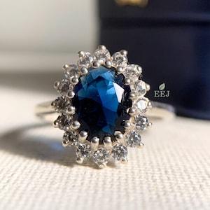 2 Carats Genuine Lab Grown Royal Blue Sapphire Ring | Oval Blue Sapphire Halo Cocktail Ring | Princess Diana Engagement Ring | Blue sapphire