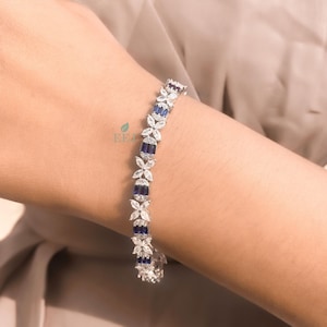 Marquise and Baguette Women's Girl's Solid 925 Sterling Silver Iced Out Tennis Bracelet | Blue sapphire Diamond Tennis Bracelet | Gift Ideas