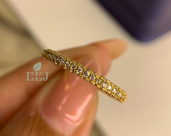 14K Gold Moissanite Eternity Band: Dainty Pave Wedding Ring