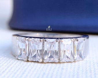 5 Stone Moissanite wedding band | White Gold Radiant cut five stone ring | 14kgold comfort fit half eternity band | Anniversary band