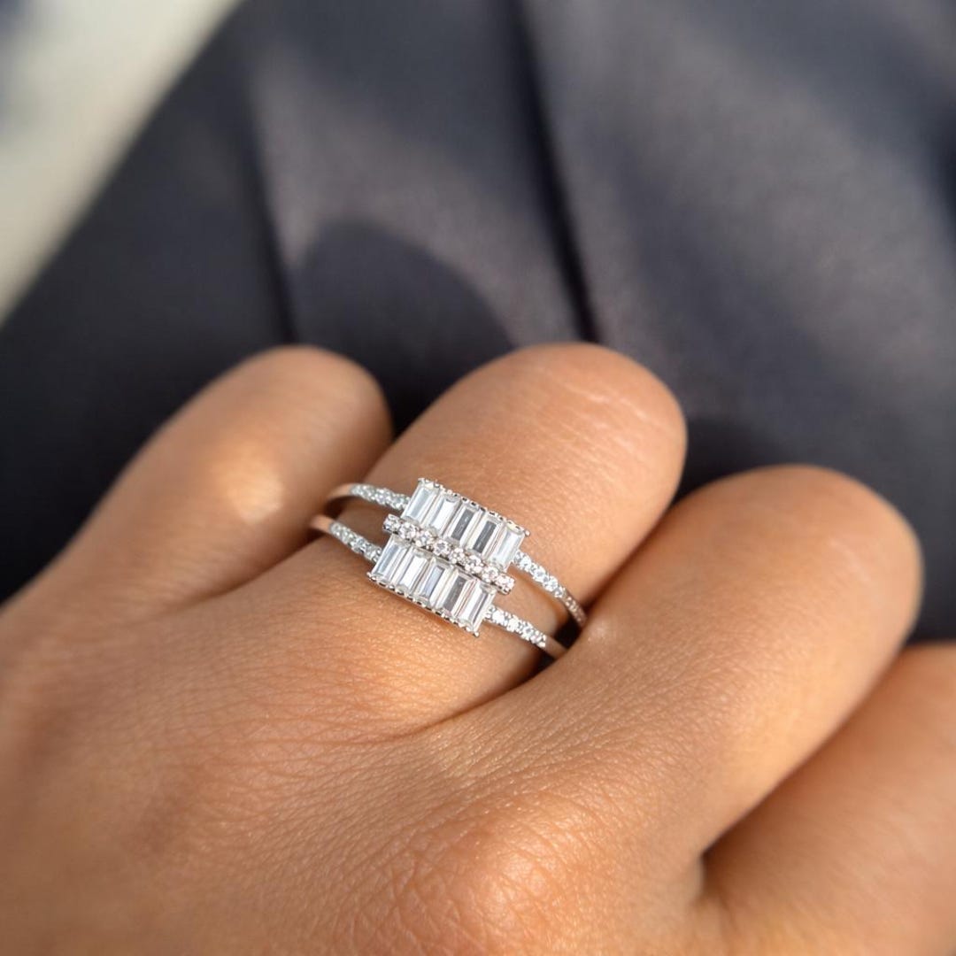 Round & Baguette Cut Lab Grown Diamond Engagement Ring | 14k White Gold ...