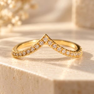 14K Gold Lab Grown Diamond Chevron Wedding Band: Stackable V Ring