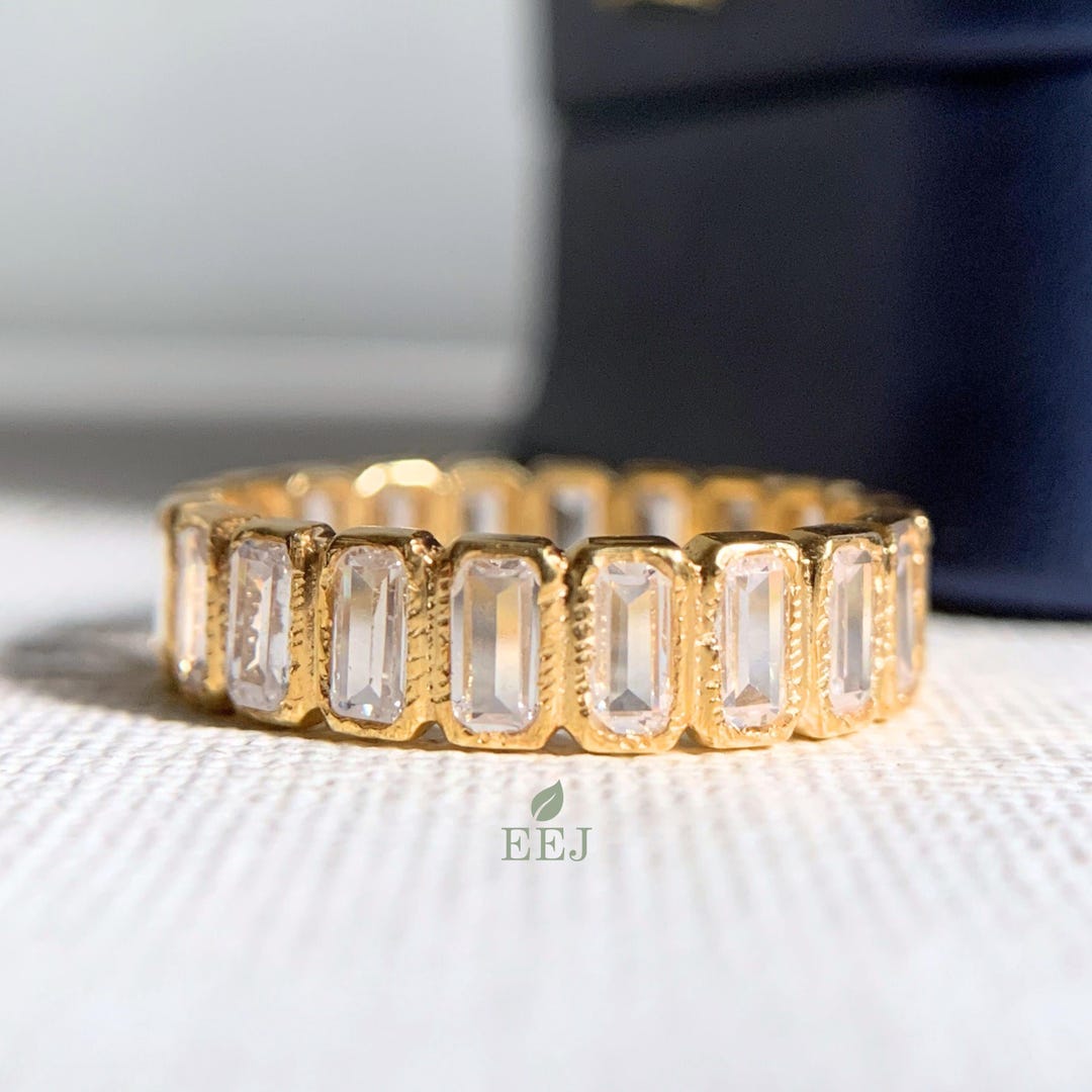 Emerald Cut Moissanite Eternity Band: 14k Gold Bezel Set Wedding Ring ...