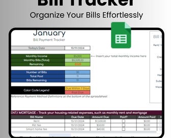 Bill Tracker Budget Spreadsheet Google Sheets Digital Download