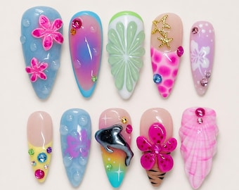 Tropical Beach Press On Nails, Dolphin Nails, Summer Vacation Nails, Hawaiian Flower Nails, Handmade Nail Set